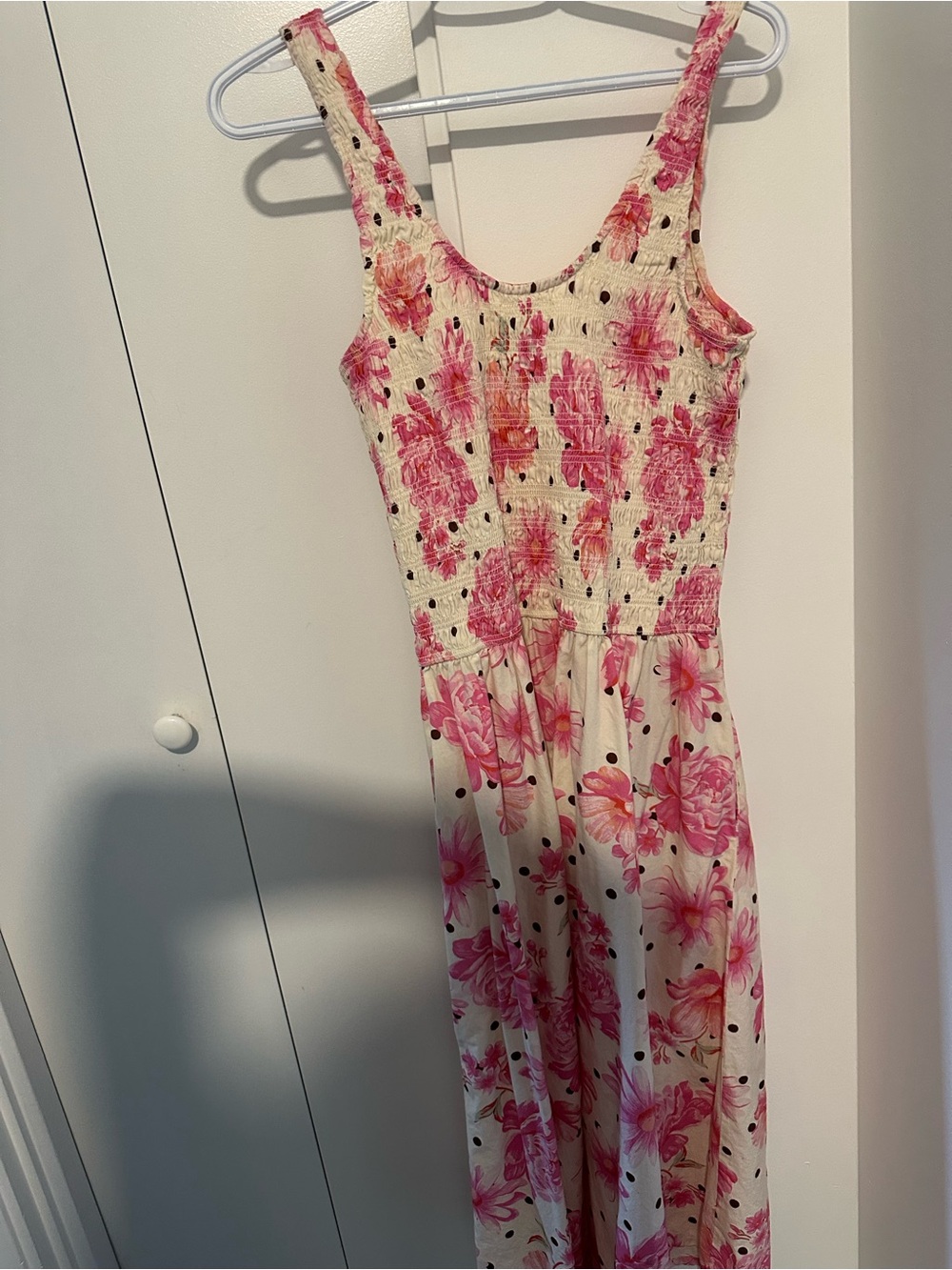 Floral Pink Midi Dress with Smocked Bodice